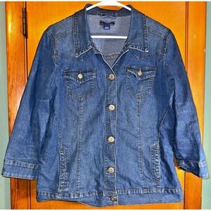 Bandolino Womens Blue Denim 3/4 Sleeve Button Front Jean Jacket Large